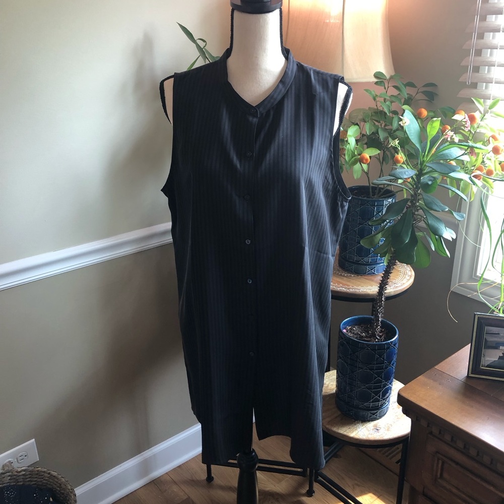 Eileen Fisher Black Pinstripe Sleeveless Button-Front Tunic